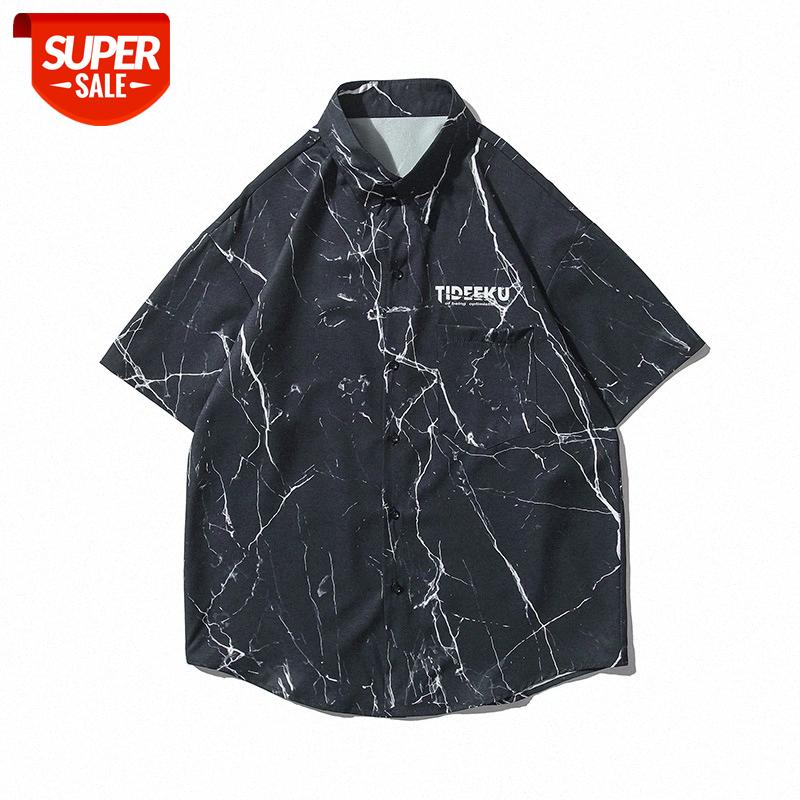 

Hip-hop printed short-sleeved shirt male street loose bf wind couple casual flower ruffian handsome #jV4a, White;black