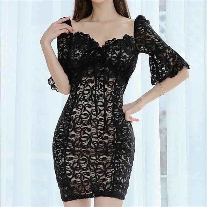 

Sexy Korean Lace Patchwork Pencil Dress Women Summer Sheath Bodycon Dresses Flare Sleeve Evening Party Vestidos 210603, Picture color