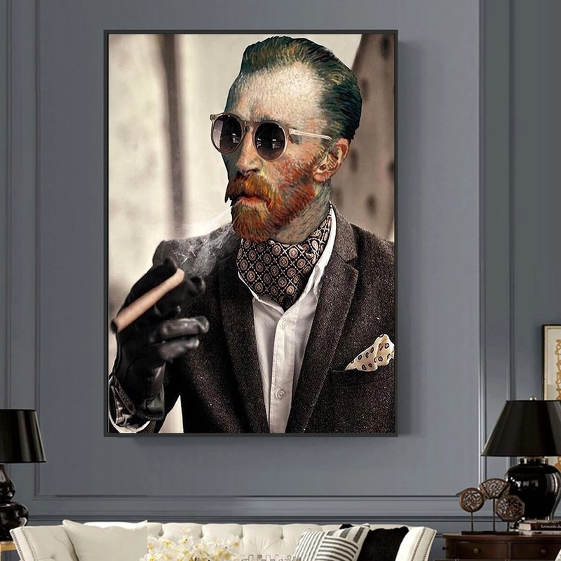 

Funny Art Van Gogh with Sunglasses Smokes A Cigar Posters and Prints Canvas Paintings Wall Art Pictures for Living Room Decor