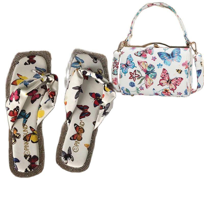 

Square Toe Flip Flops Women Flat Slippers With Butterfly Print Ladies Sliders Shoes And Matched Bag Summer Beach Pantoufle