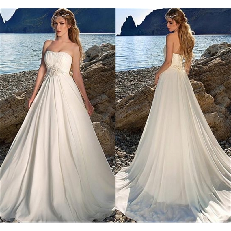 

2021 New Robe De Mariage Simple Chiffon Strapless Bridal Es with Beadings Summer Beach Wedding Gown Plus Size Wlij, Champagne