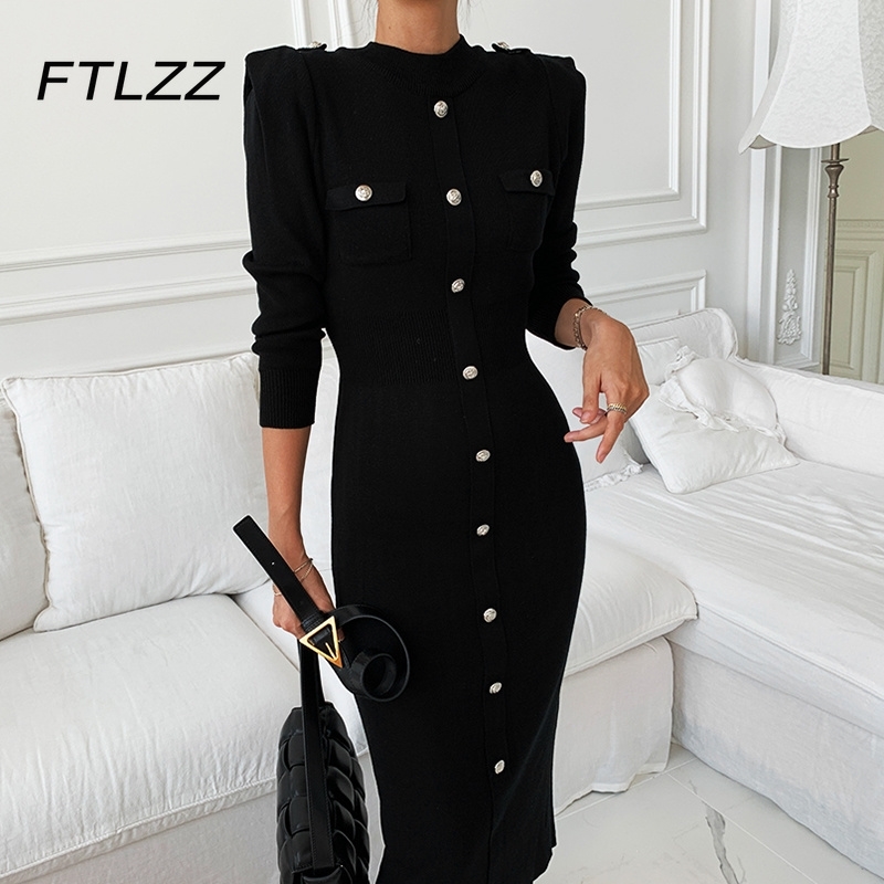 

Retro Women Black Dress Fashion Spring Autumn Sweater Bodycon es Ladies Long Sleeve Single Breasted Knit Midi Vestido 210602