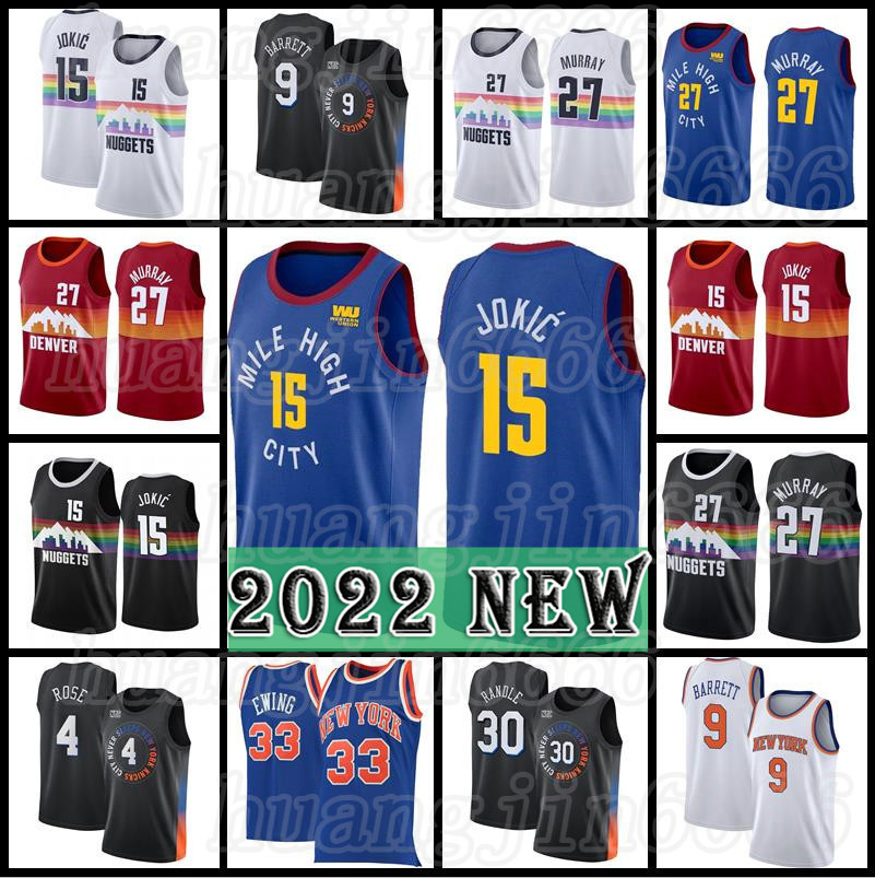 

15 Jokic Basketball Jamal 27 Murray Julius 30 Randle Nikola Patrick 33 Ewing Derrick 4 Rose Kemba 8 Walker Knick Jersey Nuggetes 75th Annive, Black;red