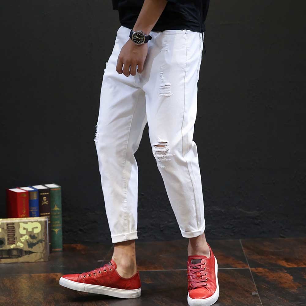 

2021 New Torn White Thin Man Fits Into Ankle-length Jeans Cotton Anguished Runners Hare Casual Male Clothes U2yc