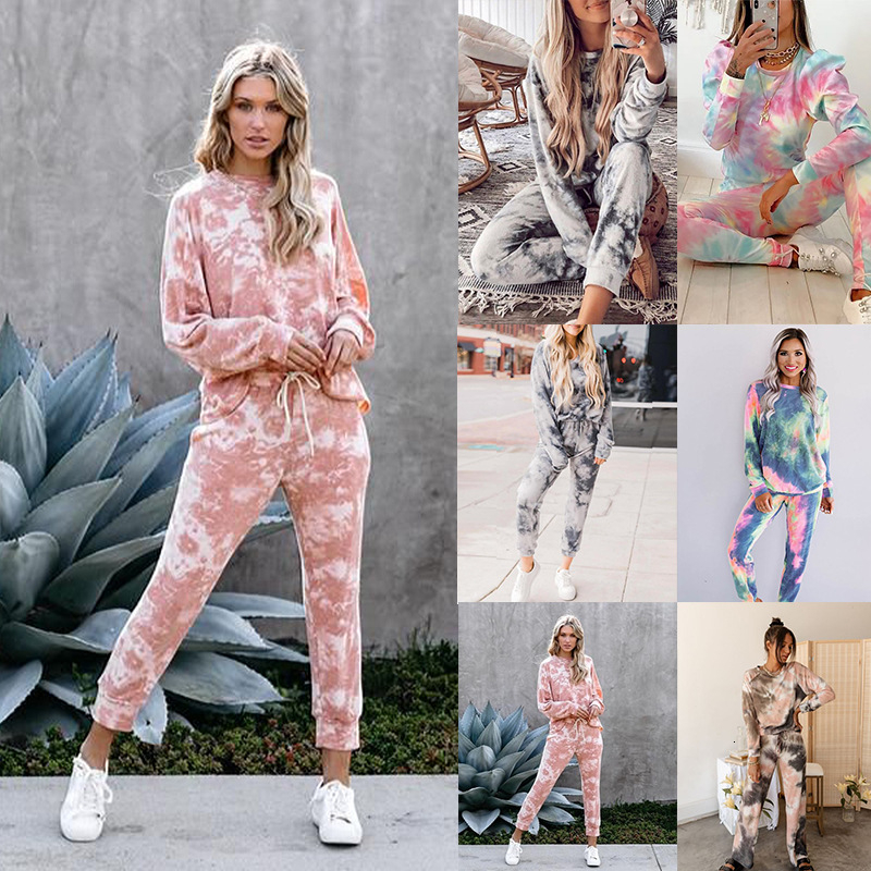

2021 New Tie Dye Tracksuit Women Two Piece Set Autumn Clothes Long Sleeve Pullover Top and Pants Jogging Suit Female Lounge Wear Outfits Jf5, Beige