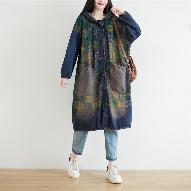 

Women's Trench Coats Female Autumn Retro Literary Plus Size Hooded Outerwear Washed Single-breasted M-long Slim Casual Loose Denim, Dark blue