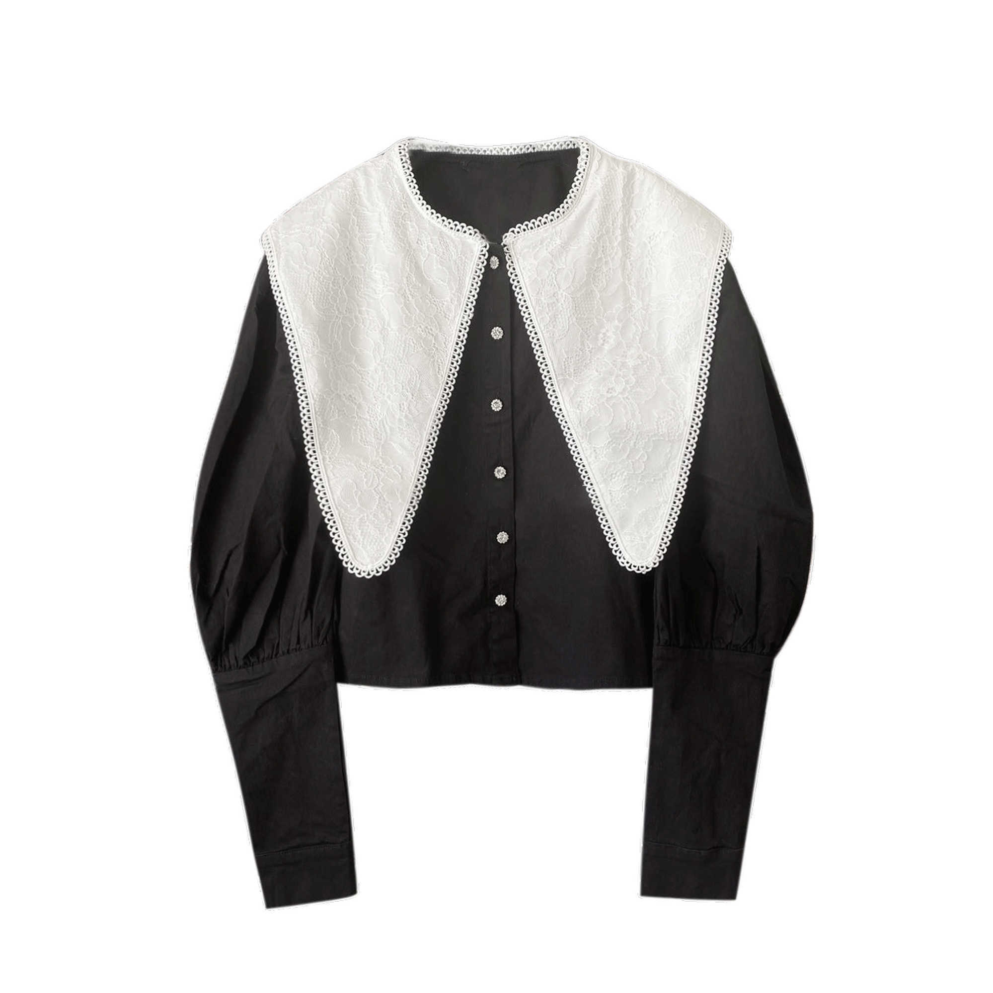 

Spring Autumn Peter Pan Collar Full Short Black Slim Shirt Bottoming Single Top 210615
