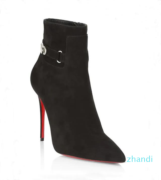 

Women Ankle Boots Black Suede leather Red bottom high heels pumps tip Lock S-Kate Booty 100mm Lady Sexy Booties Party,Wedding EU35-43