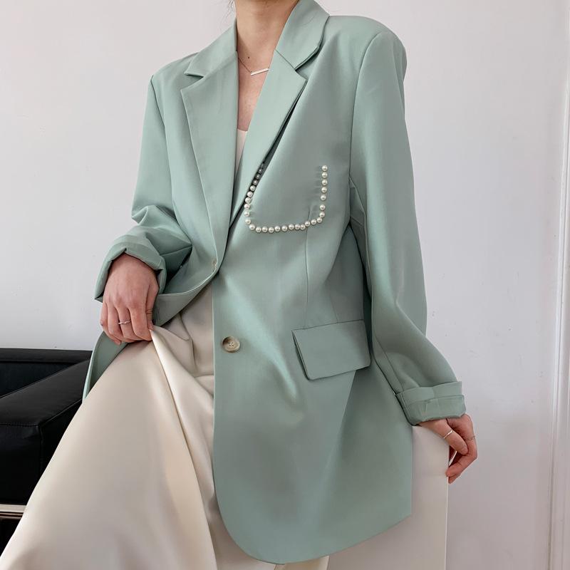 

Women's Suits & Blazers Korean Women Mint Green Spring Autumn 2021 Fashion Pearl Loose Big Pockets Ladies Suit Jacket Notched Collar Long Sl, Black