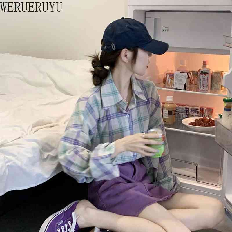 

WERUERUYU Fashion Japan Style Loose Women' Shirt Korean Edition Loose Spring Women' Vintage Plaid Shirt Female Student 210608, Photo color