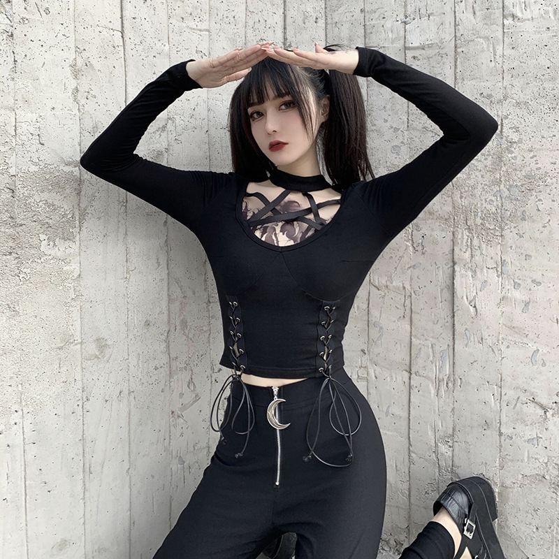 

Streetwear Slim Long Sleeve Solid Color T shirt Women Bodycon Star Bandage Hollow Out Drawstring Top Female Casual Top, White