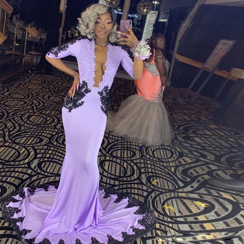 

2021 New Mermaid Evening Es Long Purple Half Sleeve Black Appliques Satin Special Occasion Formal Gowns Robe De Soriee Hbcy, Red