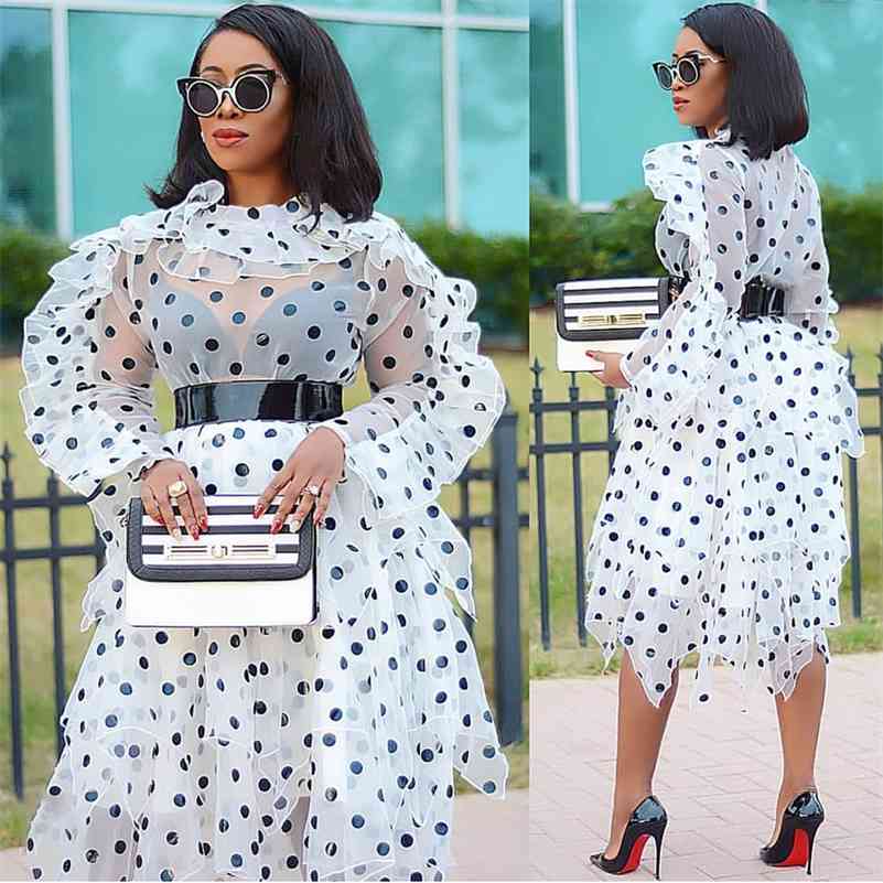 

Female Polka Dot Two Piece Set Organza Oversize Blouse Irregular Midi Skirt Sets Plus Size Womens Spring Summer Fashion 210708, Only tops