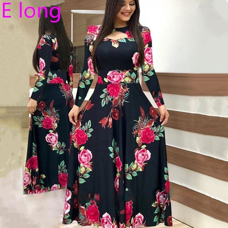

Elegant Spring Autumn Women Dress Casual Bohmia Flower Print Maxi Dresses Fashion Hollow Out Tunic Vestidos Dress Plus Size 210303, C short