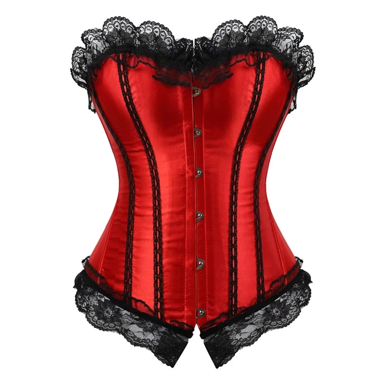 Andreagirl Sexy Satijn Lace Up Beened Overbust Corset en Bustier met Kant Trim Showgirl Stripe Lingerie Red S-6XL Fashion 8113