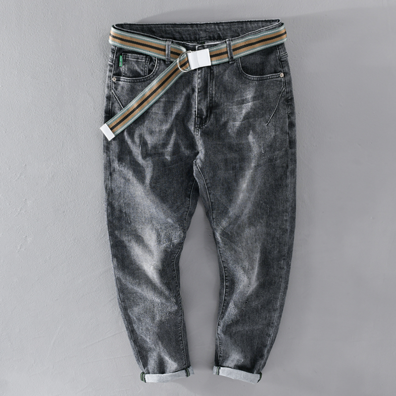 

2021 Spring and in Summer Style Male Jeans Retro-length Ankle Strain with Cotton Pants of Men Spodnie Clothes 0e1l, Black (with belt)