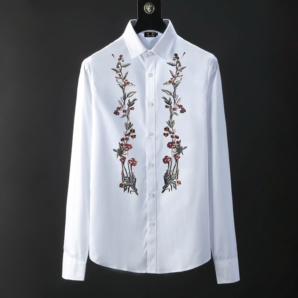 

2021 New Marca Masculina 100% Algodo Bordado Dos Homens Camisas Casuais Primavera Manga Longa Magro Ajuste Listrado Vestido Camisa Kgsu, White