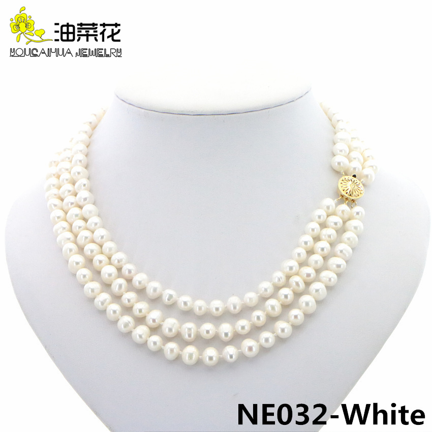 

Fashion Charm 3Rows 7-8mm Natural White Akoya Cultured Pearls Necklace Jewelry Gold Button Woman Wedding Christmas Gift AAA+ 17-19inch