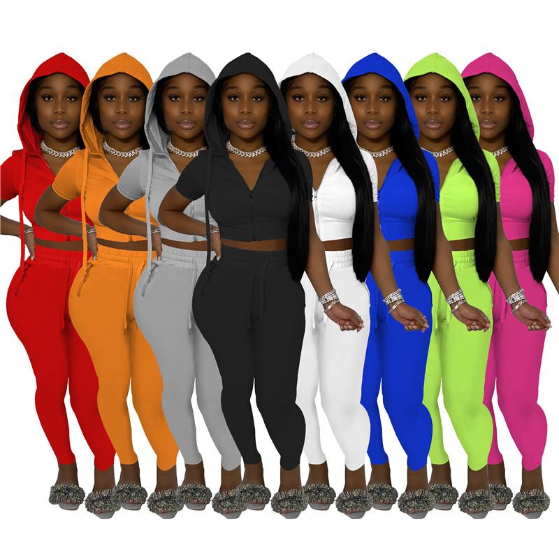 

Women' Two Piece Pants Bulk Items Wholesale Lots 2021 Set Jogging Sport Wear Hooded Zipper Solid Color Fashion Vintage Lounge K6843, Black