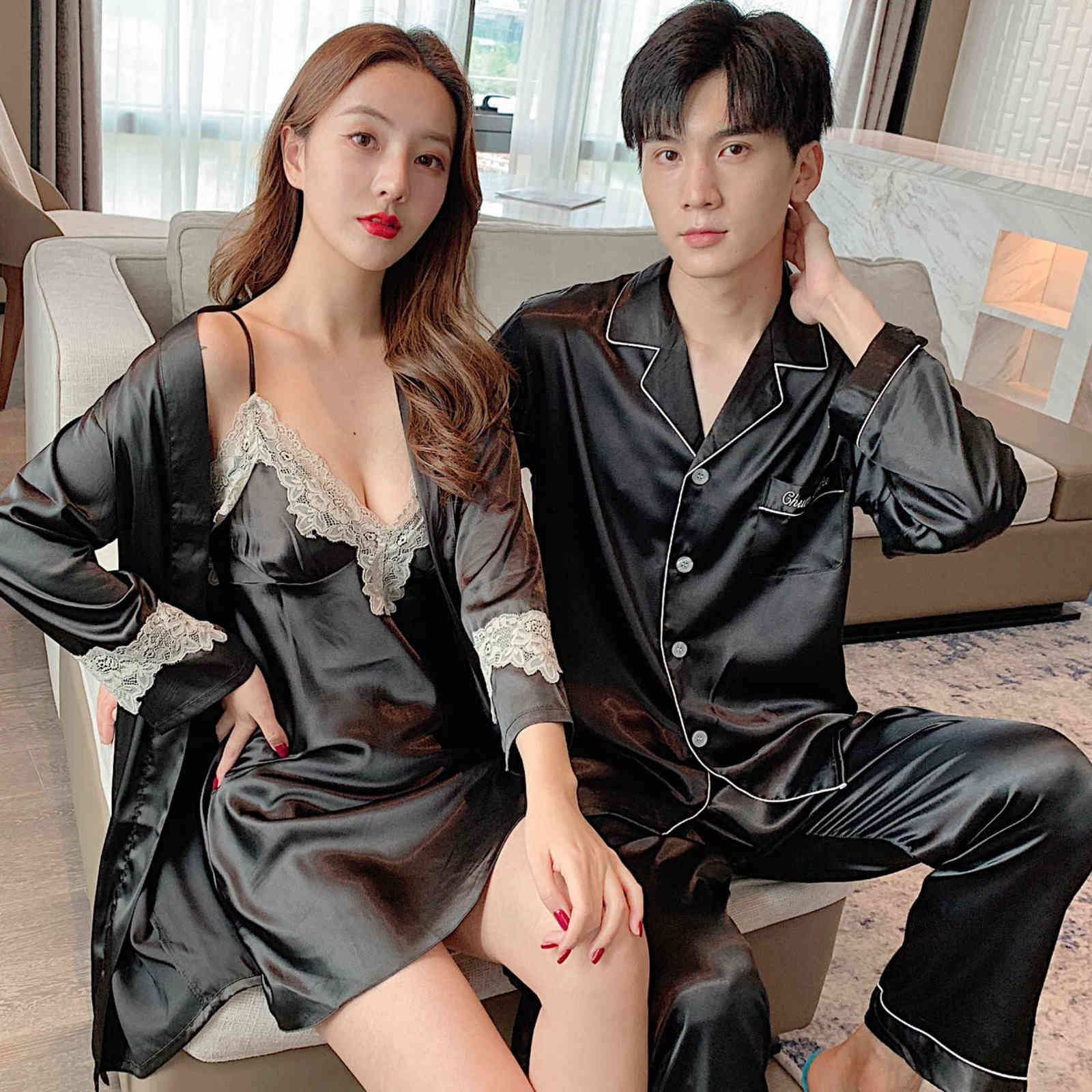 

Autumn Men Couple Pajamas Set V Neck Plus Size Home Service Suit Casual Male Couples Sleepwear Nightwear Spring Ice Silk Night 211111, Black