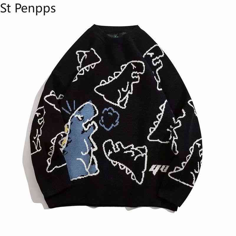 

sweater men harajuku fashion knitted hip hop streetwear dinosaur cartoon pullover oversize casual couple o-neck vintage sweaters, Black