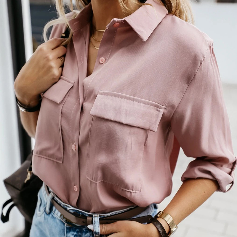 

2021 New Women Pink Blouse Casual Turn-down Long Sleeve Single Buttons Pockets Simple Shirt Ladies Elegant Solid Loose Streetwear Autumn Fx6
