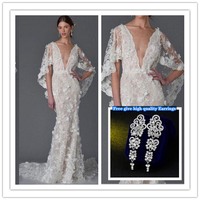

3D Floral Dubai Ayaba Bell Sleeve Mermaid Beach Wedding Gowns Handmade Flower V-neck Full Lace length Fishtail Dresses, Dark green
