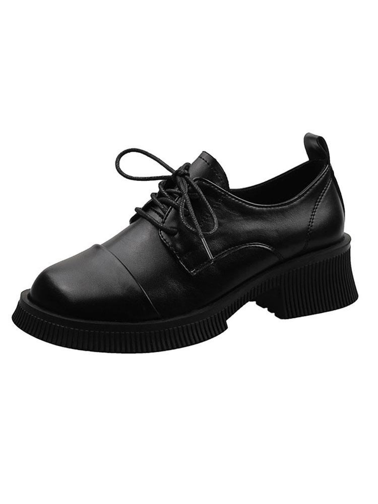 

Dress Shoes Talons Hauts Chaussure Femme Leather Mid-heel Women's Fashion Lace-up Non-slip Retro, Black