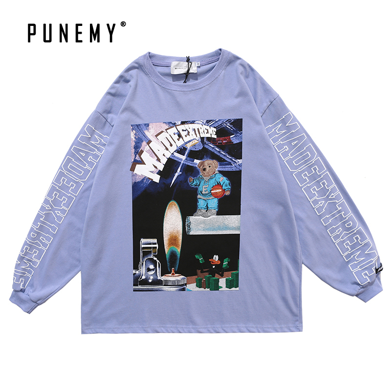 

2021 Harajuku t Shirt Men Funny Bear Print Hip Hop Streetwear Summer New Tshirt Tee Tops 100% Cotton Long Sleeve Unisex T-shirt L1ci, Black