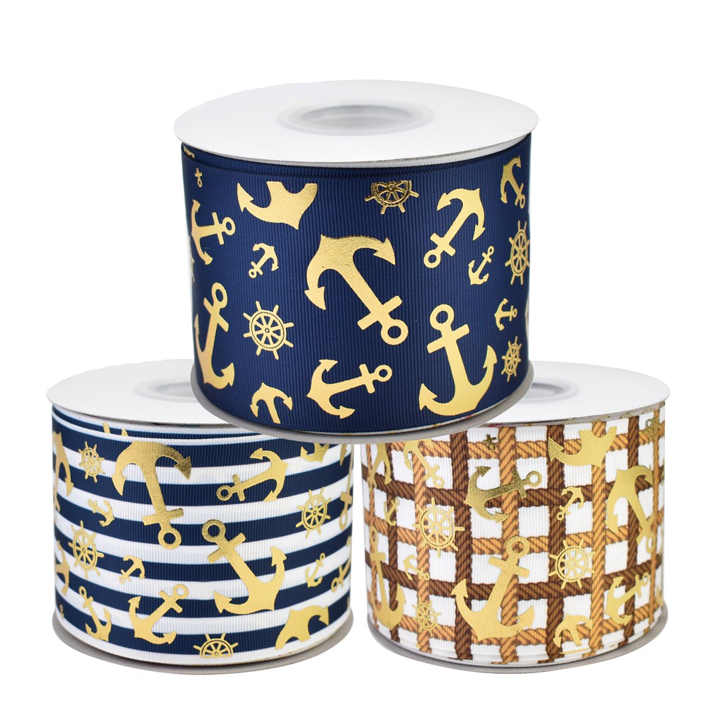 

50yards 75mm Gold Foil Boat Anchor Grosgrain Ribbon Ocean Series For DIY Accessories Welcome Custom designs