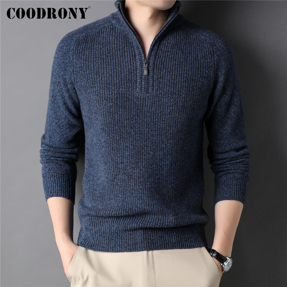 

COODRONY Winter Fashion Zipper Turtleneck Sweater Men Clothing Thick Warm Knitwear 100% Merino Wool Cashmere Pullover Male C3150, Black