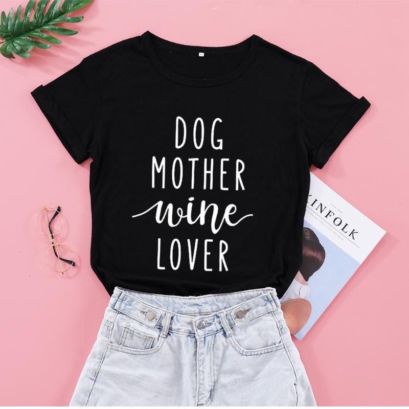 

Women' T-Shirt Dog Mother Wine Lover Mom Mama Tshirt Funny Graphic Women Kawaii Short Sleeve Top Tees Cotton O Neck Casual Shirts, Black
