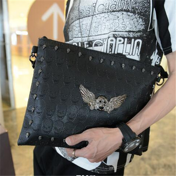 

Factory wholesale men bag Punk Skull Head leather handbag menss sportswear mens shoulder handbags rivet large capacity, Black2(boutique box)