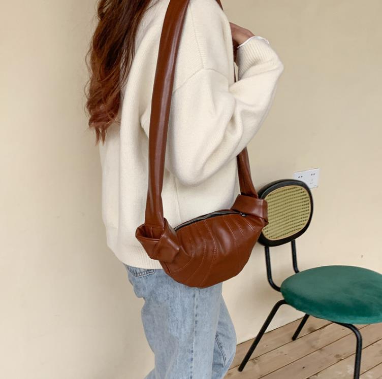 

Shoulder Bags Casual PU Embroidered Thread Croissant Wide Strap One Messenger, Brown