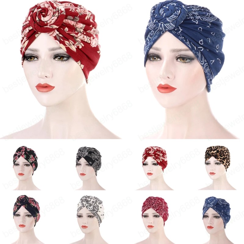 

Indian Women Hijab Mulsim Flower Printed Twist Knot Cap Turban Chemo Bonnet Underscarf Beanie Cancer Hat Head Wrap Cover Fashion, Mixed color