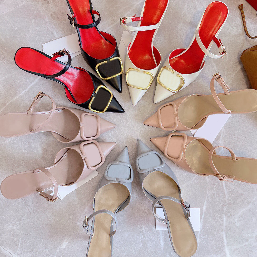 

Women's high-heeled slippers multi-color choice with one line buckle design, leather sole size 35-42, Blue
