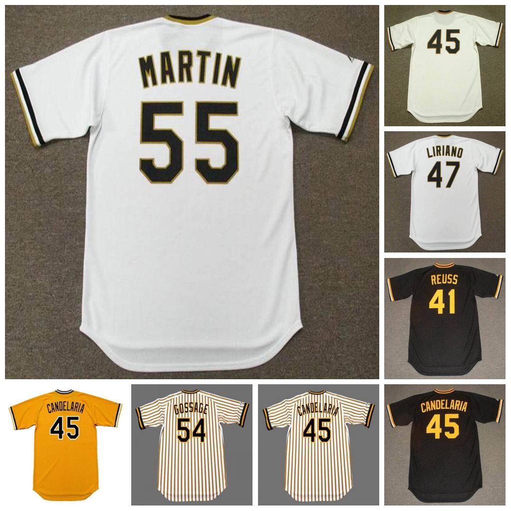

Pittsburgh Vintage Baseball Jersey 41 JERRY REUSS 1978 45 JOHN CANDELARIA 1976 47 FRANCISCO LIRIANO 1970's 54 RICH GOSSAGE 1977 55 RUSSELL MARTIN, 45 john candelaria 1979 black