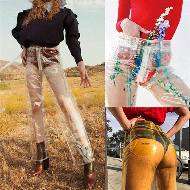 

High Waist Waterproof Mesh Pvc Women Pants Plastic Skinny Loose Long Trousers, As picture