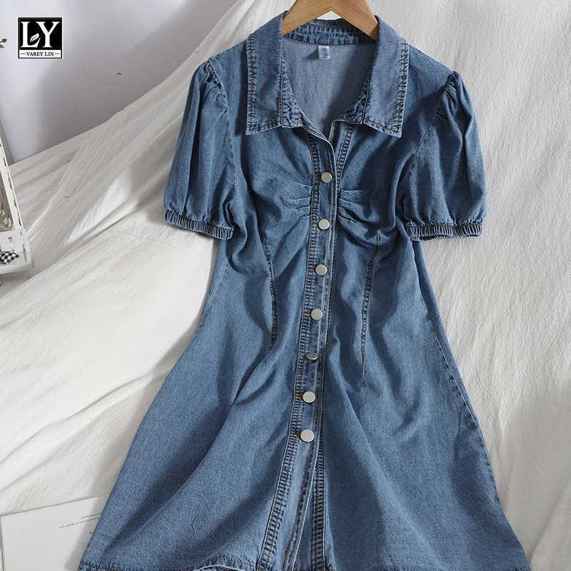 

LY VAREY LIN Summer Women Casual Single Breasted A-line Denim Dress Sweet Puff Sleeve High Waist Polo Office Lady 210526, Blue