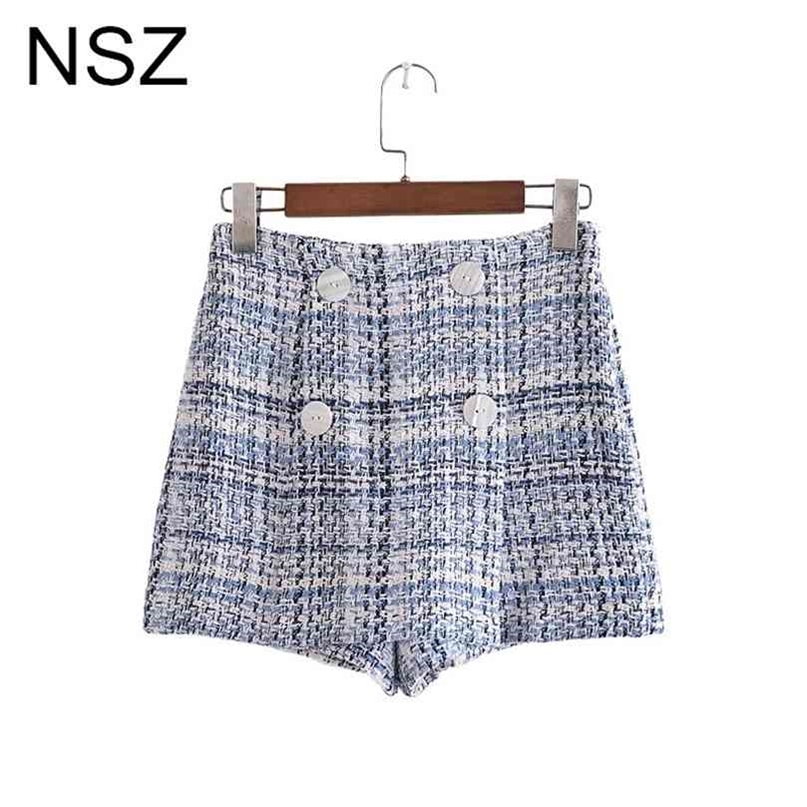 

NSZ Women Tweed Plaid Skirt Short Double Breasted High Waist Elegant Ladies Checked Pants 210722, 28-1