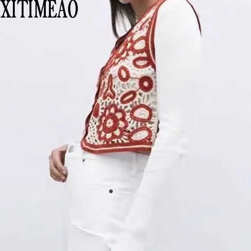 

Za Women Fashion Floral Embroidery Cropped Knitted Sweater Vintage V Neck Sleeveless Female Cardigan Vest Chic Tops 210602, Black