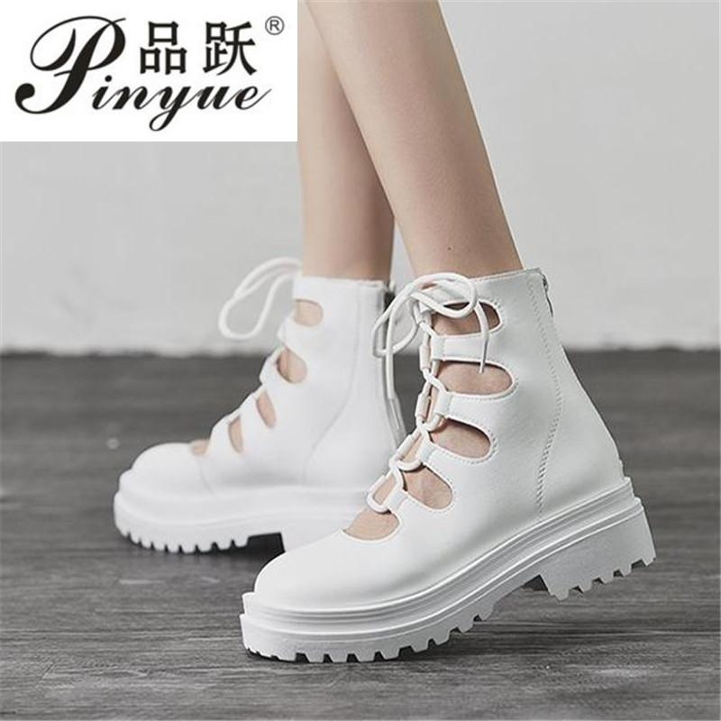 

Boots Woman Hollow Out Lace Up Gladiator Sandals Female Drop Women Ankle Fashion Height Increasing Platform Shoes, Black