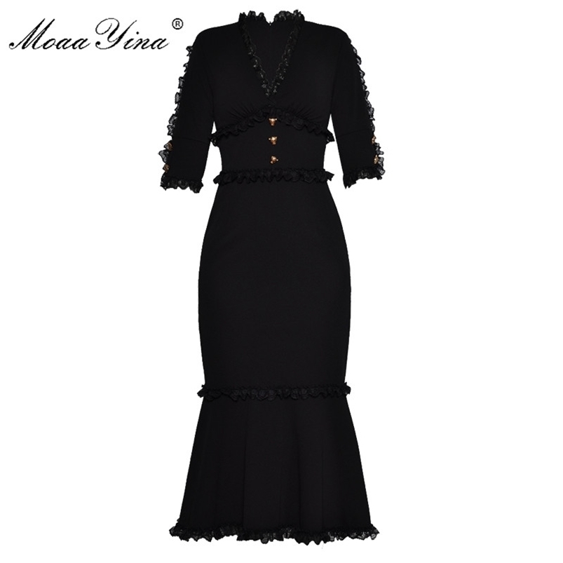 

MoaaYina Fashion Designer Runway Dress Summer Women V-neck Half sleeve Lace Button Slim Packet hip Elegant Fishtail 210701, Black