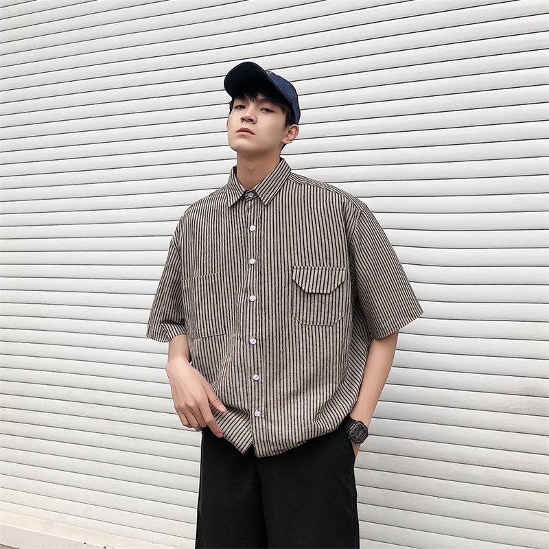 

2021 New Summer Men's Work Clothes Short Sleeve Hawaiian Stripe Printing Shirt French Cuff Mens Brand Fashion Trend Shirts Size M- 1jwb, Black stripe