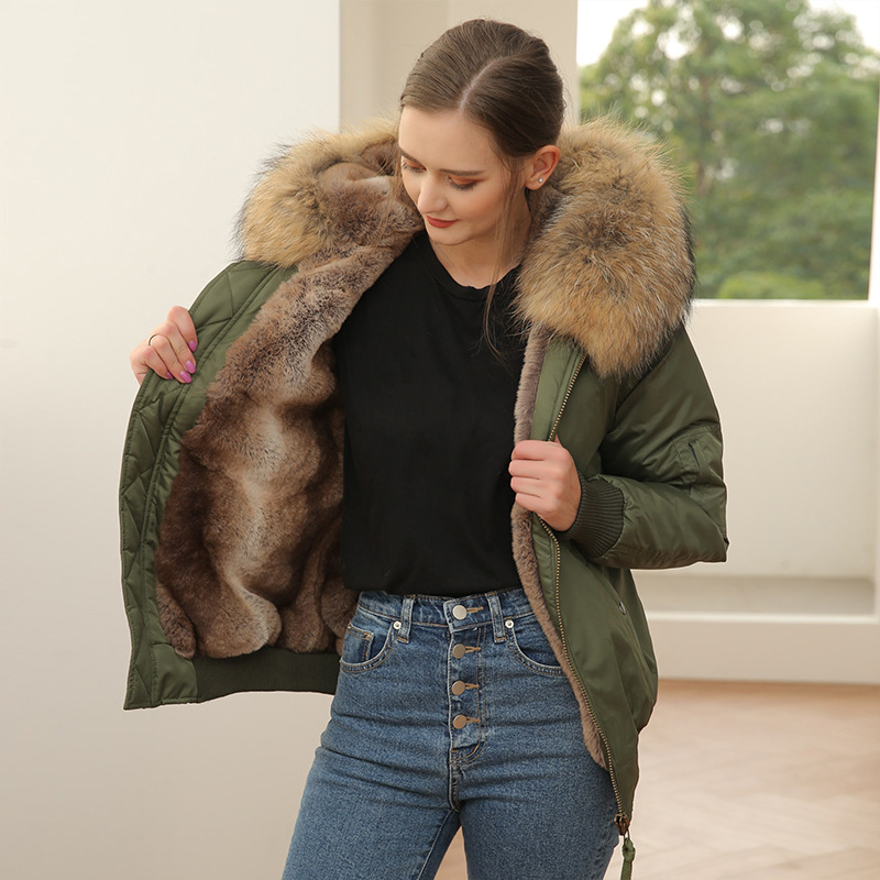 

outerwear brown raccoon trim collar meifeng brand winter parkas rex rabbit fur lining army green bomber nylon jackets ykk zipper women snow, Army green coat