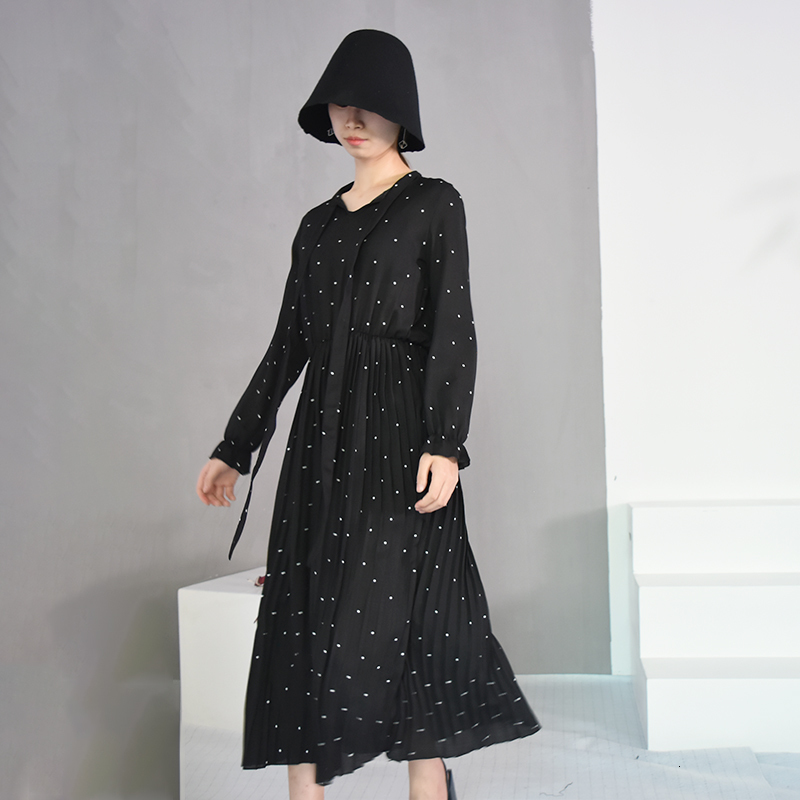 

2021 New Spring Round Neck Long Sleeve Solid Black Chiffon Dot Loose Big Size Women Fashion Bow Bohemian Natural Elegant 1hmc