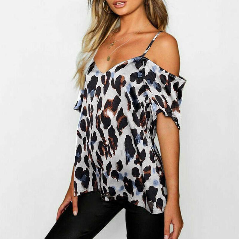 

Women's T-Shirt Leopard Print Off-Shoulder Top Short Sleeve V-Neck Cami Y2k Summer Fashion Casual Ladies Sling Tee Streetwear, Sky blue