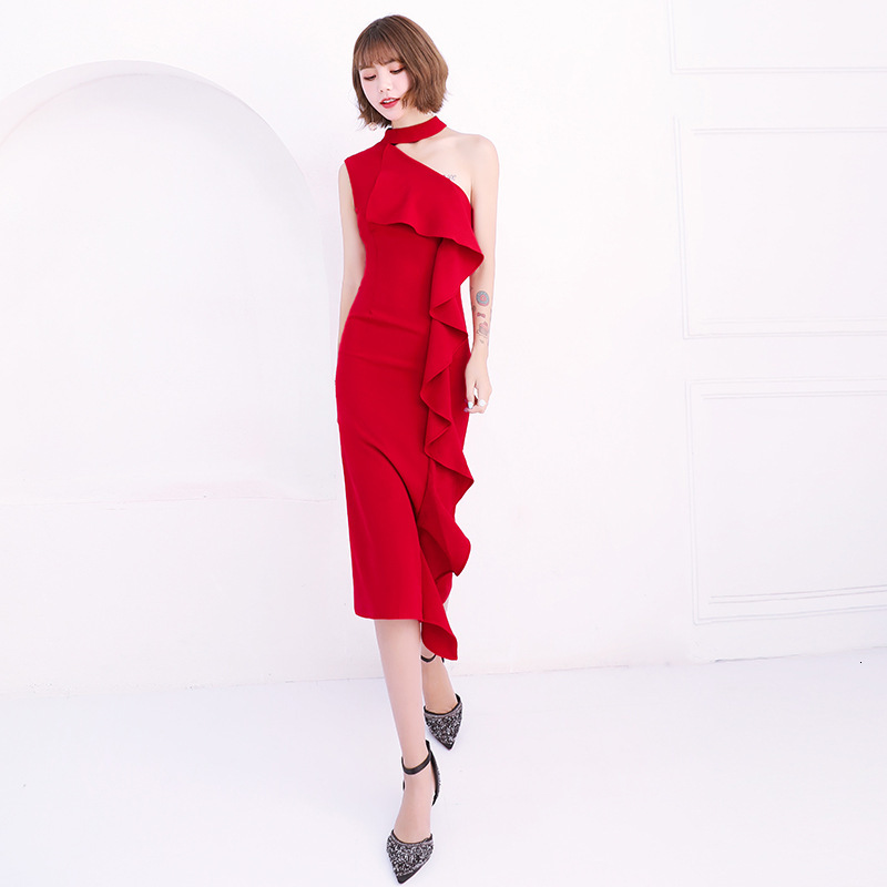 

Xs-xxl Office Lady Elegant Halter Banquet Gown Exquisite Slim Sleeveless Formal Party Dress Red Sweet Ruffles Trim Prom Dresses Yt4b