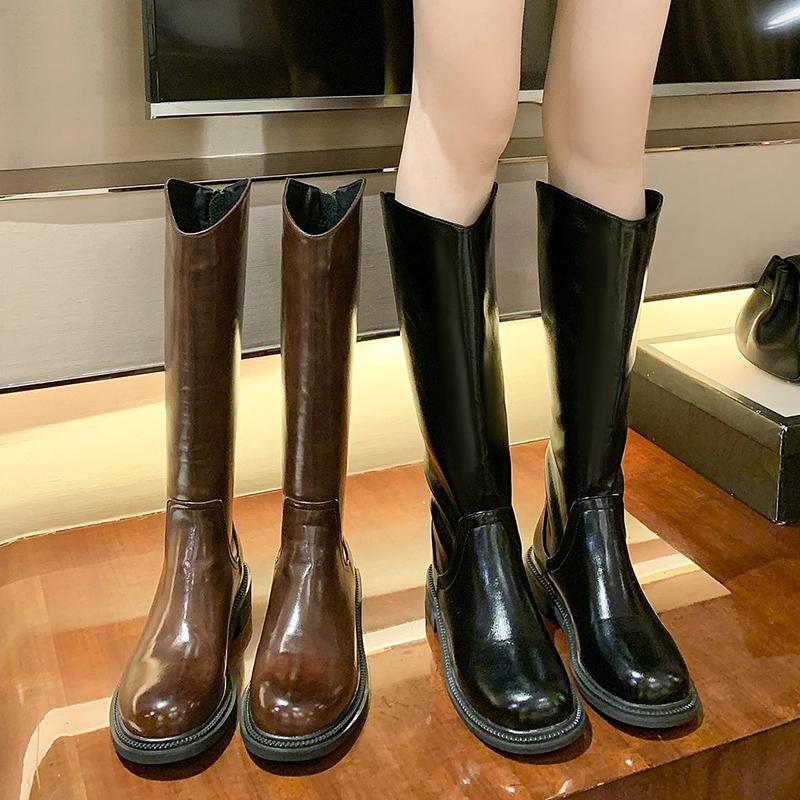 

Boots Rimocy Fashion Patent Leather Knee High Women Casual Zipper Round Toe Long Woman Waterproof Platform Heels Shoes 43, Brown