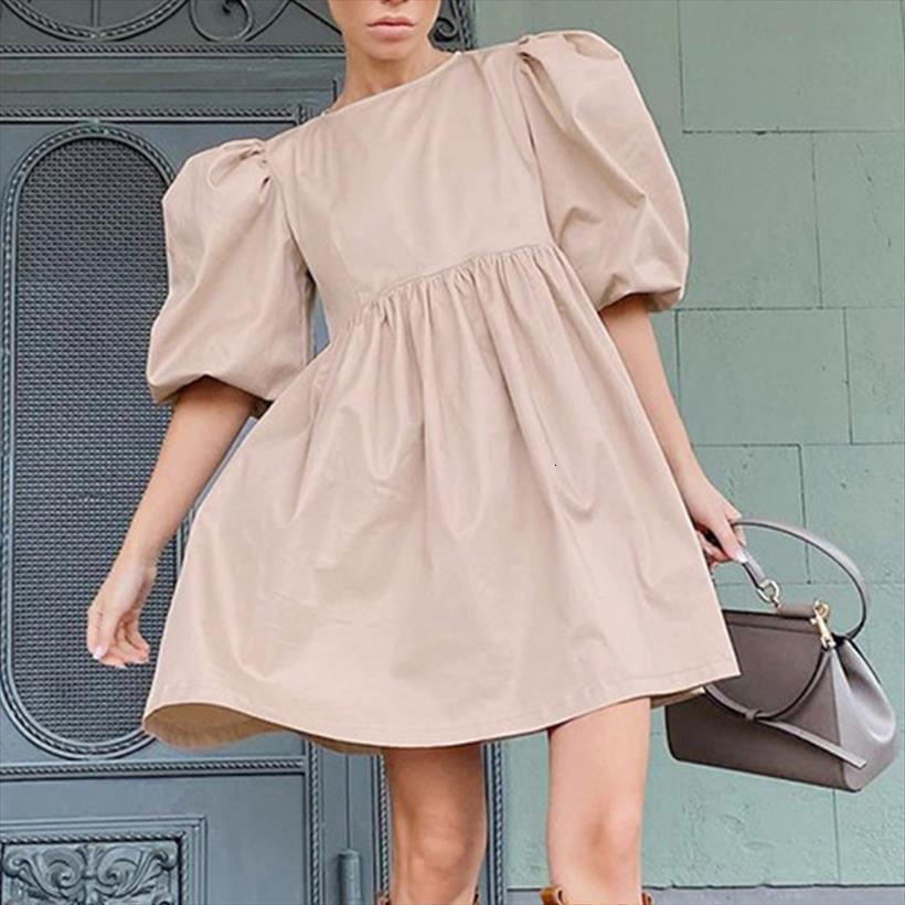 

puff short sleeve mini summer womens dresses solid pleated all match women trend elegant ladies cotton clothes, Black;gray